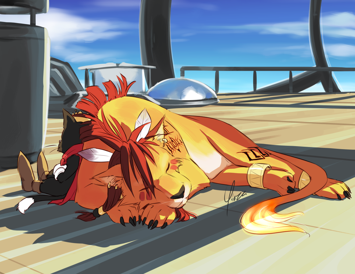 A colored sketch of Nanaki/Red XIII napping in the sunlight streaming through the windows of the deck of the Highwind. Cait Sith sits leaning against him.
