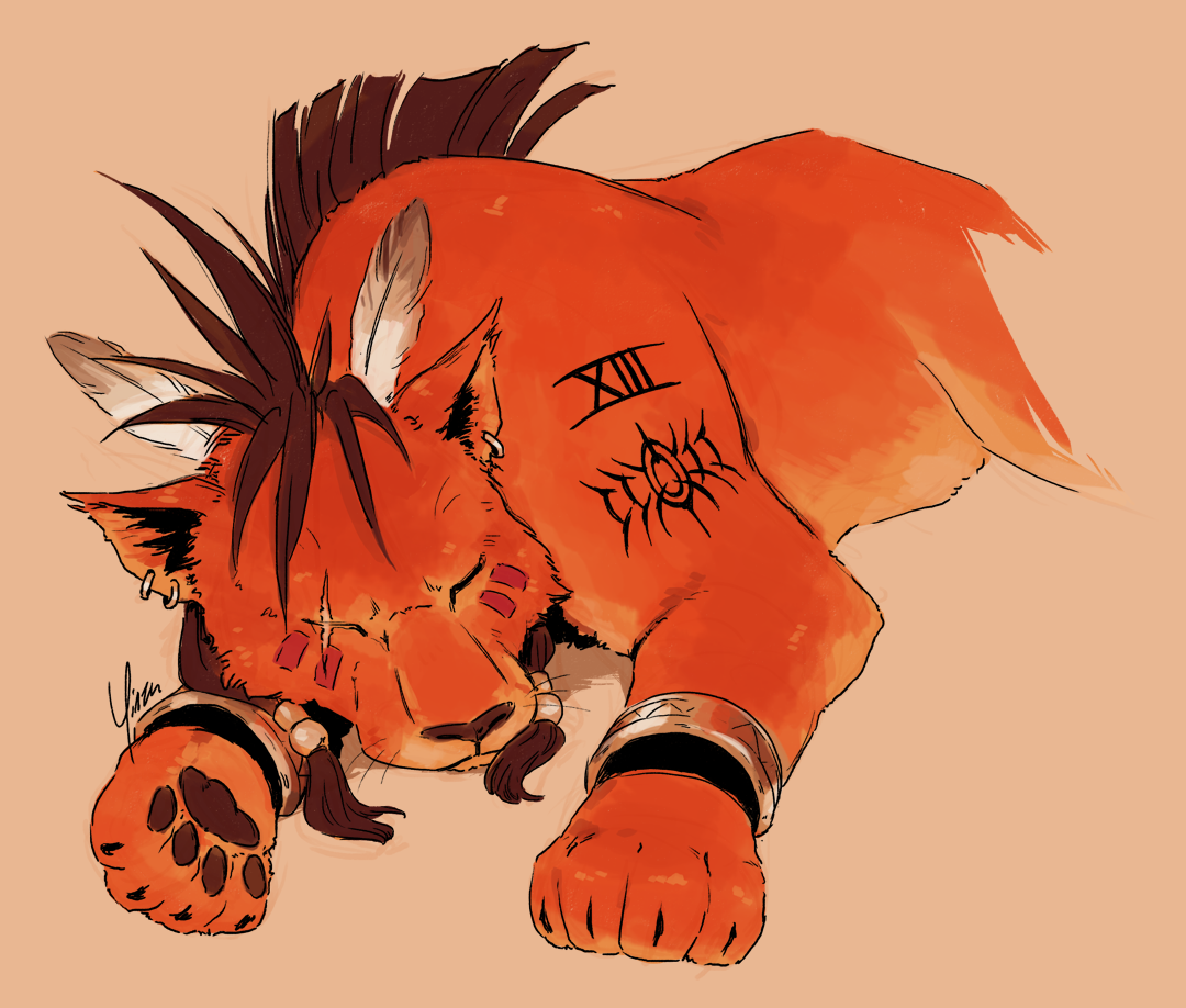 Nanaki/Red XIII sleeping with his head resting on his outstretched paw.