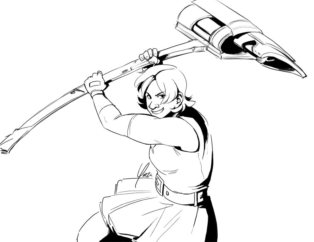 A black and white sketch of Nora preparing to swing her hammer.
