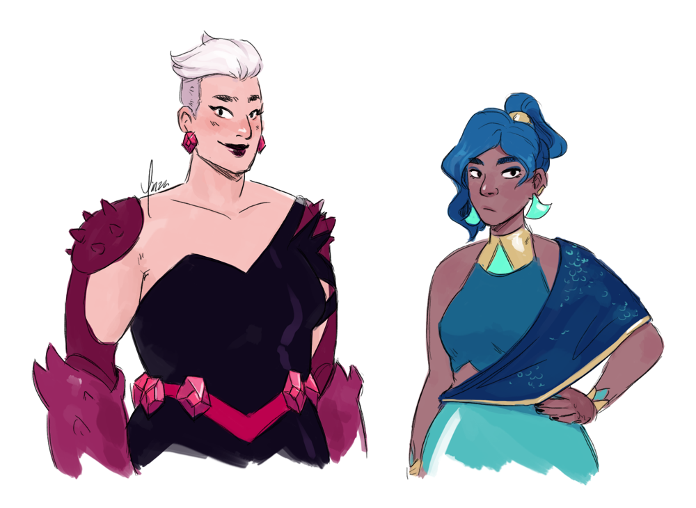 Sketches of Scorpia and Mermista in their Princess Prom outfits.