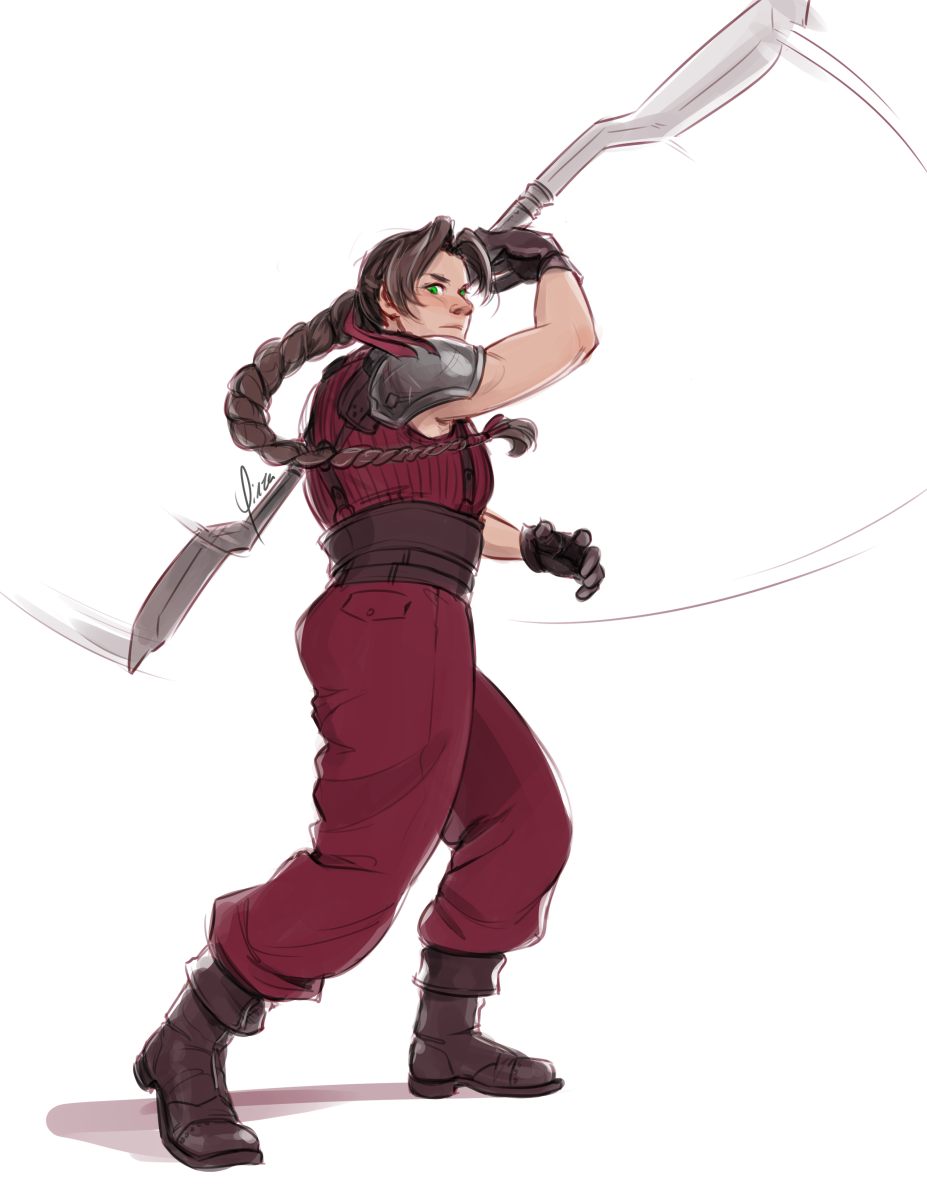A digital sketch of Aeris wearing the red uniform of a 2nd Class SOLDIER. Her hair is still in a long rope braid tied with red ribbons, but she doesn't have the longer locks framing her face. She is wielding her Bladed Staff and stands mid-spin, looking over her shoulder towards the viewer as her body twists with the motion of her staff.