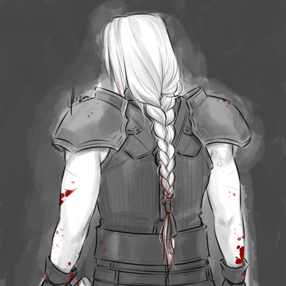 A sketch of Sephiroth as a teenager in Wutai. Shown from the waist-up, his back is turned to the camera and he is wearing the standard First Class SOLDIER uniform. His hair is tied back in a loose braid, starting to come undone in places, and only reaches to his waist. Red blood spatters his bare arms and stains the ends of his hair.