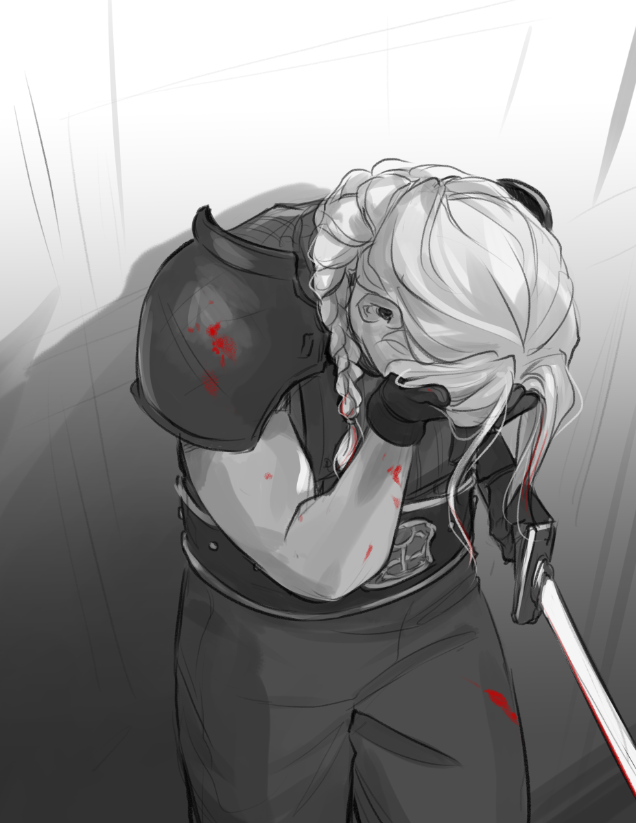 A greyscale digital sketch of a young Sephiroth. He wears the standard OG SOLDIER uniform with his hair in a braid falling forward over his shoulder. He is shown from an overhead angle leaning back against a wall, still holding his sword in his left hand while he drops his face into his right hand. The only color is from spatters of bright red blood against his skin and uniform.