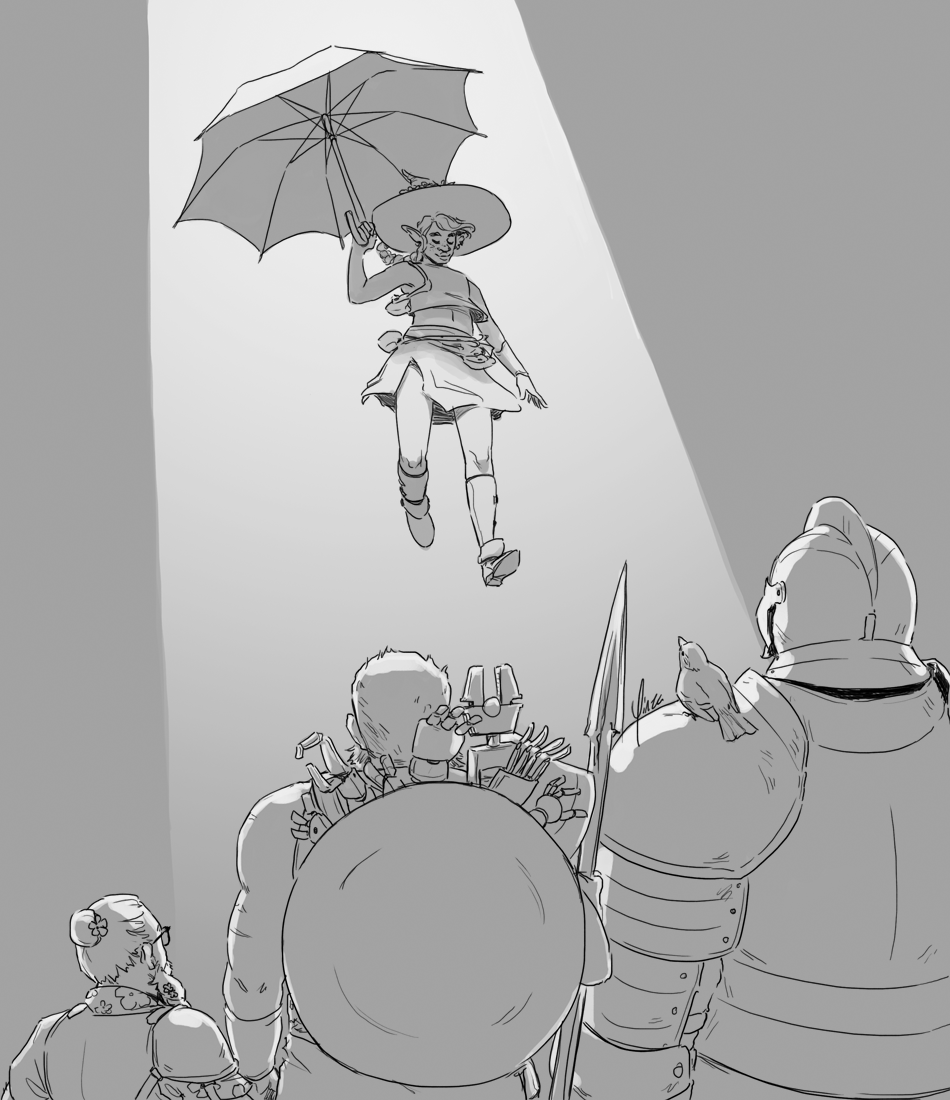 Taako descends into the well in Refuge with his umbrella open. Below, Merle, Magnus and Roswell all stand watching him.