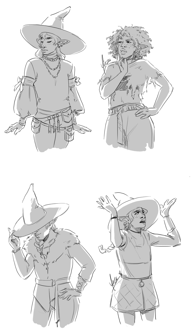 Three sketches of Taako wearing different fashionable outfits, and one sketch of Lup looking at him critically.