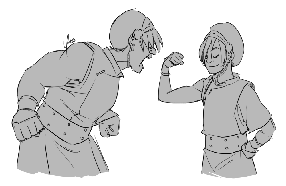 Actor Toph screams at Toph as she proudly shows off her tiny arm muscles.