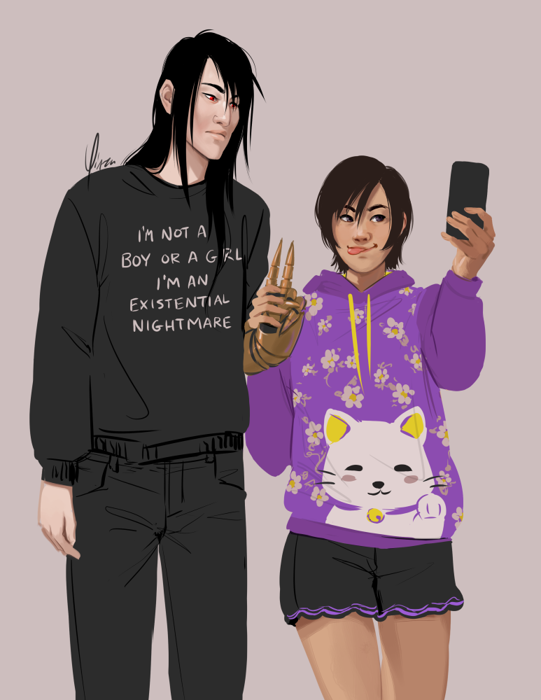 A rough lineless painting of Vincent and Yuffie. Vincent is wearing a black sweatshirt reading 'I'm not a boy or a girl I'm an existential nightmare,' while Yuffie is wearing an oversized cat sweatshirt in nonbinary colors. She is holding his claw up in the peace sign and taking a picture of them with her phone.