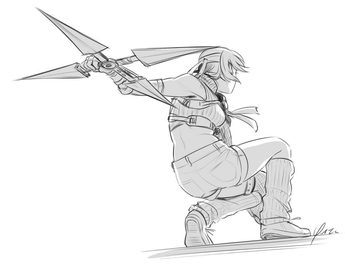 A sketch of Yuffie Kisaragi perched on the edge of something. Shown from behind, she is looking ahead of her with her shuriken extended back behind her.