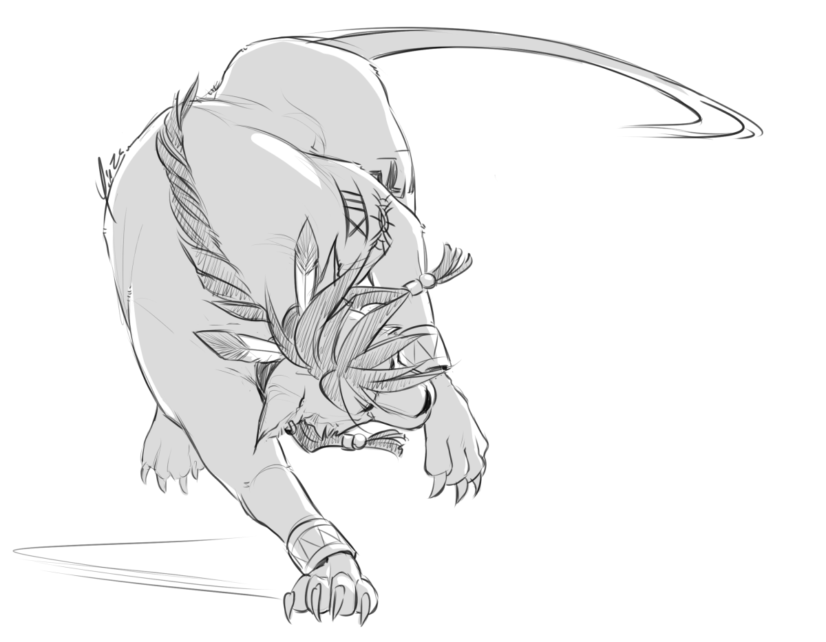 A sketch of Nanaki. He is leaping down from an attack, only his right forepaw in contact with the ground. His tail curls around behind, following his movement.