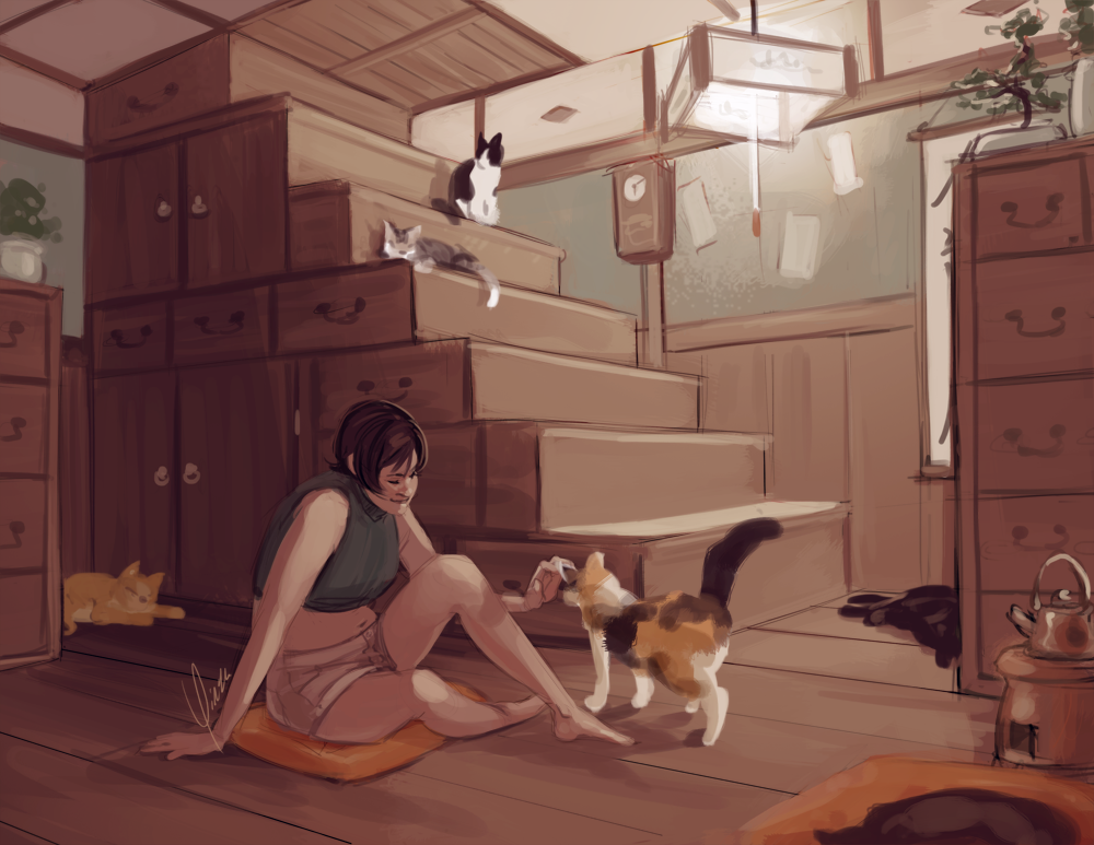 A rough painting of Yuffie sitting in the cat house in Wutai. There are two cats sitting on the steps above her, two more lounging in the corners of the room, and a fifth cat approaching her to be pet.
