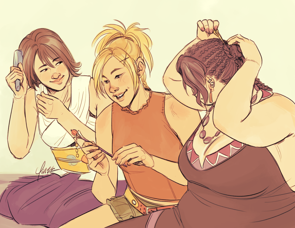 A colored digital sketch of Yuna, Rikku, and Lulu from Final Fantasy X, shown from about the waist up seated on the ground. Lulu wears a low-cut black halter top with a pattern of triangles around the collar, while the other two wear their canon outfits, minus sleeves and gloves. Lulu sits nearest to the camera, her face obscured by her bangs, and her hands are lifted behind her head as she removes the last of her hair sticks. Beside her, Rikku holds one of Lulu's hair sticks in her hands, and she is saying something with a smile. Yuna sits on her other side, looking at Rikku with a fond smile as she brushes her own hair.