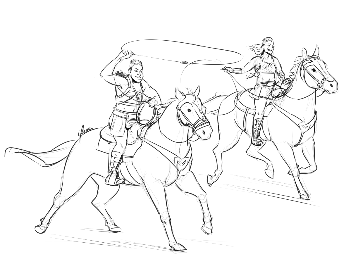 A digital sketch of two women on horseback. They are Amazons, as depicted in Wonder Woman, but dressed casually rather than in armor. They both wield lassos, and are grinning as they prepare to throw them at something off-screen to the right.