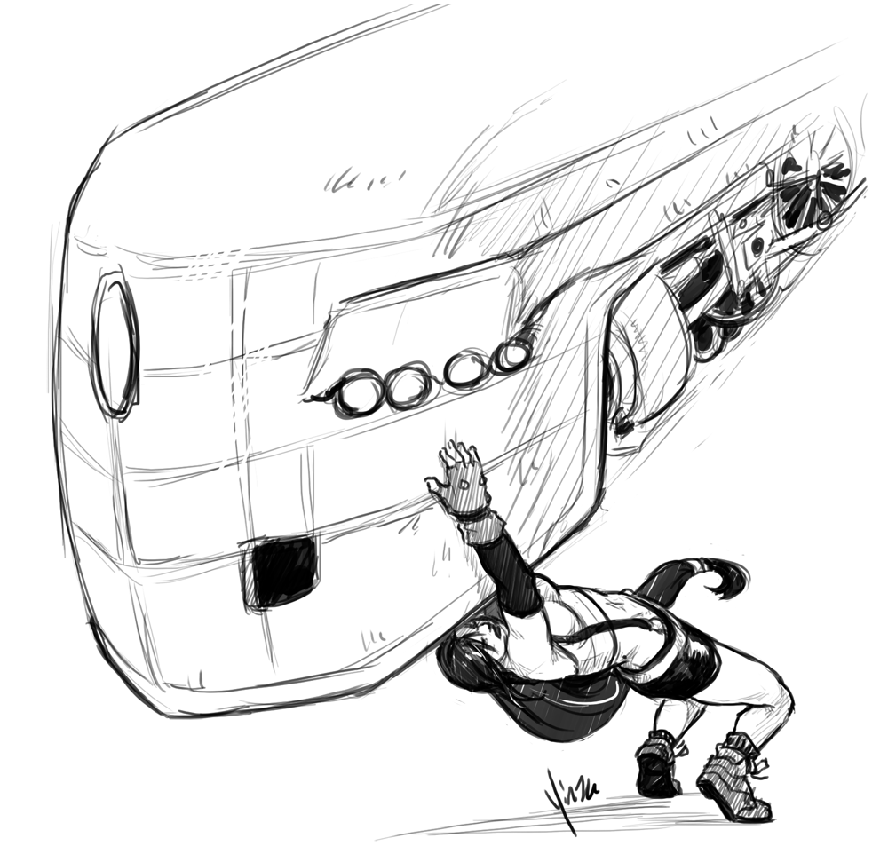 Tifa suplexing a train.