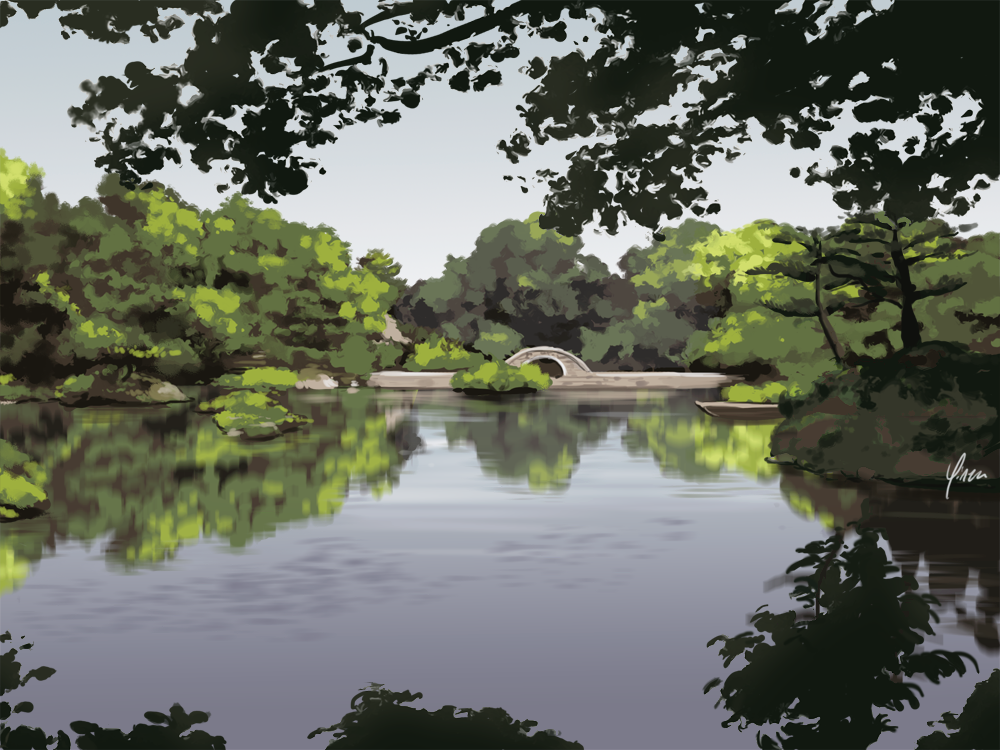 A rough study of the pond in Shukkeien, a garden in Hiroshima, Japan.