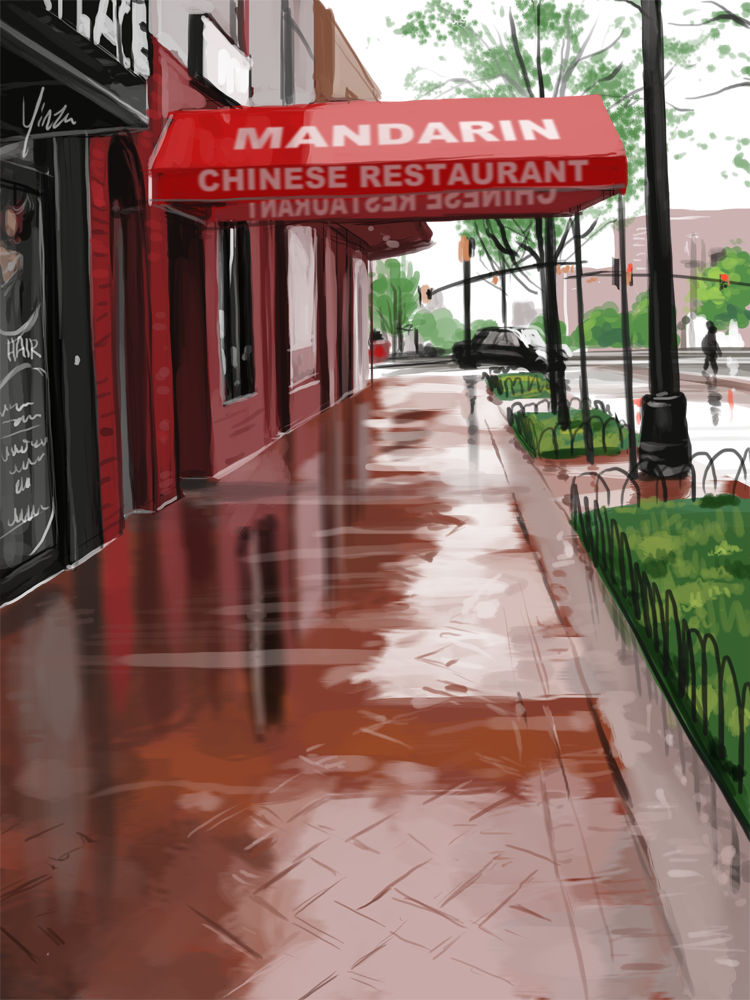 A rough study of a city sidewalk wet with rain.