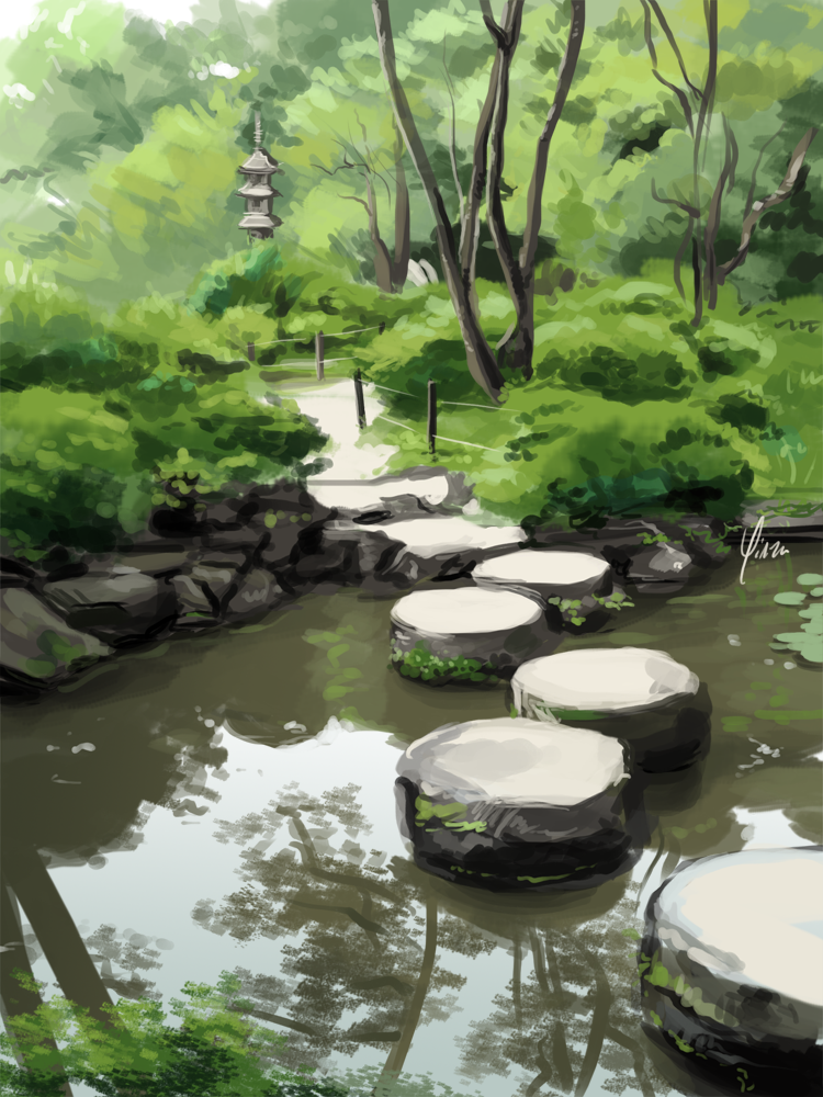 A rough study of stepping stones across a pond at the gardens at Heian Jingu.