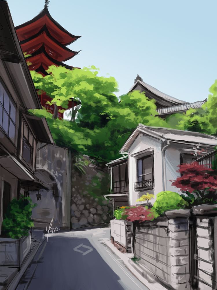 A rough study of a street in Miyajima.