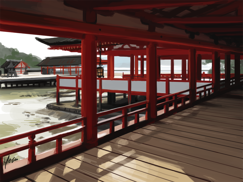 A rough study of a shot of Itsukushima Jinja.