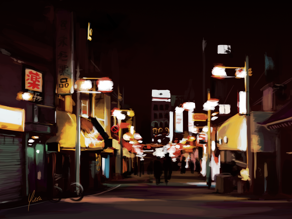 A rough study of a street in Kyoto at night.