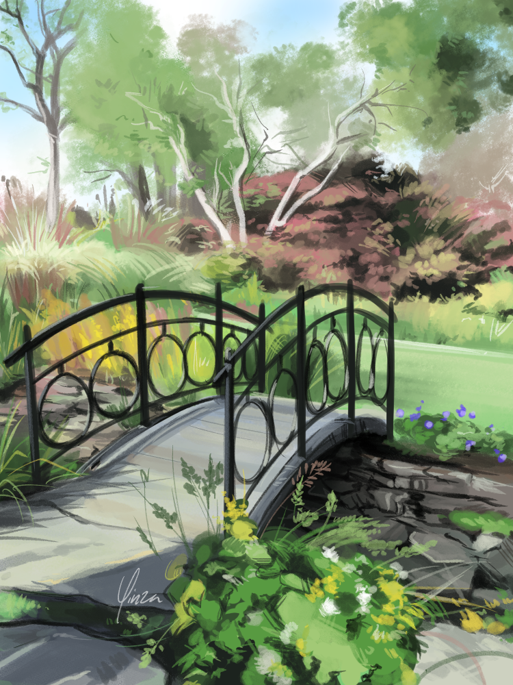 A rough digital painting of a bridge with black iron railings across a part of a garden.