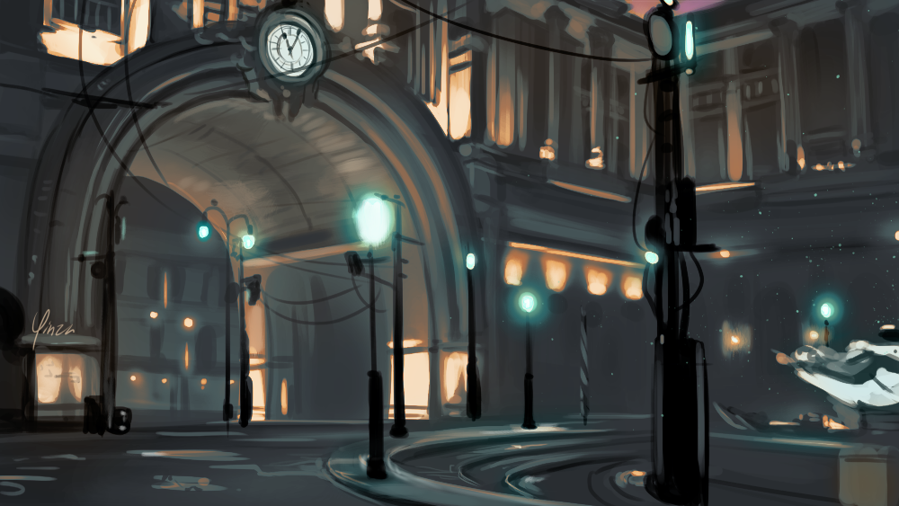 A digital painting of the Sector 8 square in Midgar with the clock over the archway, as depicted in the FF7 Remake.