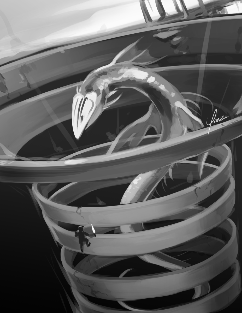 A rough greyscale painting depicting a battle between a human and a much larger serpent. The serpent is rising up from the inside of a set of large stone rings that descend into a black abyss. The rings widen near the top, where a path of archways is just visible leading off into bright sky overhead. The human figure is clinging to the outside of one of the stone rings, facing in towards the serpent with sword at the ready.
